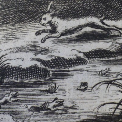 The Hare and the Frogs (Fables de La Fontaine, Barbin, 1668) - Chauveau