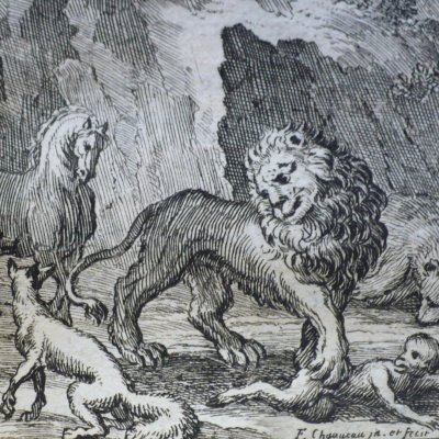 La cour du lion (Fables de La Fontaine, 1678, 3eP) - Chauveau