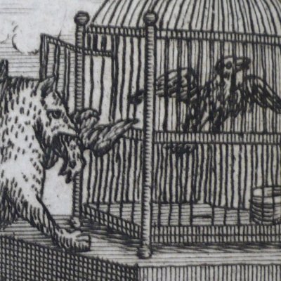The cat and the two sparrows (Fables by La Fontaine, 1694) - Chauveau workshop