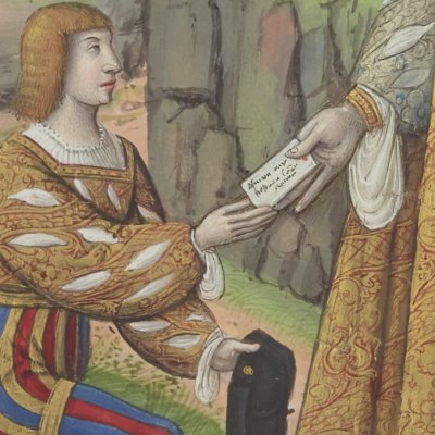 Pâris envoie sa lettre (Epîtres d’Ovide, trad. Saint-Gelais, Fr 874, fol82v)