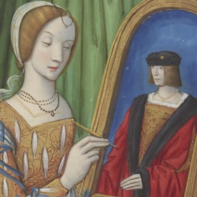 Laodamie peignant le portrait (Epîtres d’Ovide, trad. Saint-Gelais, Fr 874, F105)