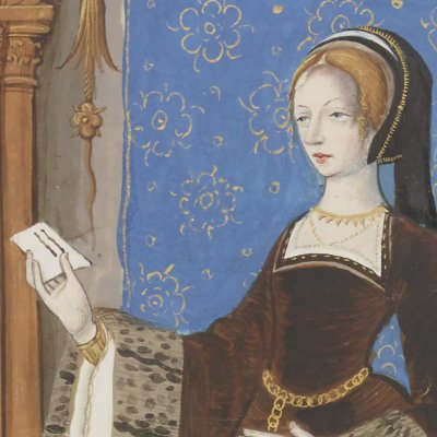 Hermione tenant sa lettre (Epîtres d’Ovide, trad. Saint-Gelais, Fr 874, F166v)