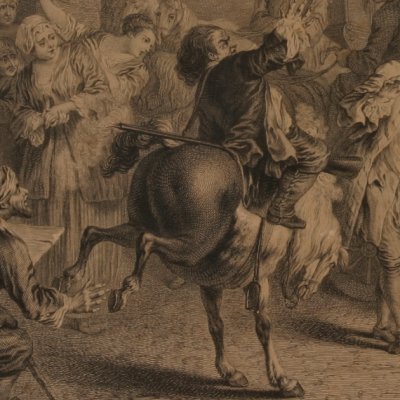 Ragotin à cheval, sa carabine lui tire entre les jambes - Surugue d’après Pater