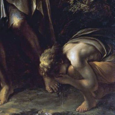 Diogène jette sa coupe en voyant un jeune homme boire dans ses mains - Rosa