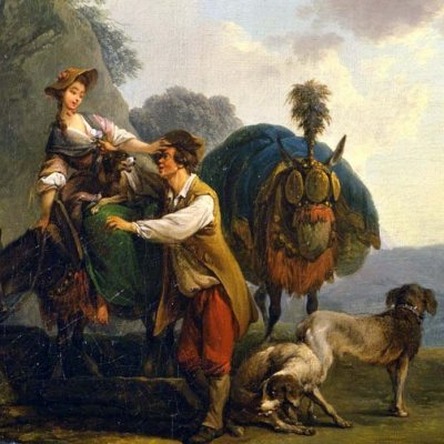 Voyageurs au puits, avec chiens et mules lourdement chargées - Loutherbourg