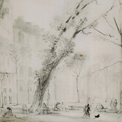Vue du Palais-Royal avec un arbre couché - Gabriel de Saint-Aubin