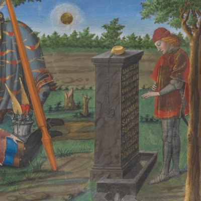 Cœur lit l’inscription de la Fontaine (Livre du Cœur d’Amour épris, fr24399)