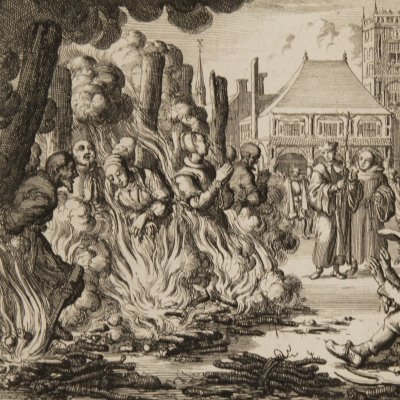 Six frères et deux sœurs brûlés à Amsterdam, 1549 (Luyken, Théâtre des Martyrs)