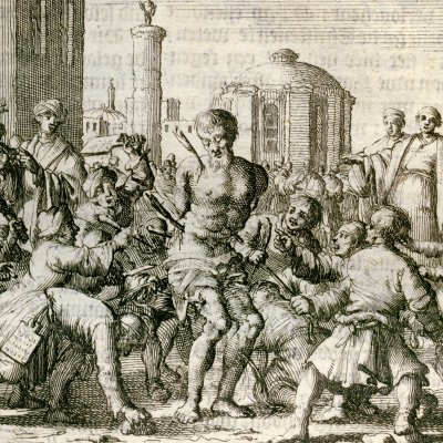 Cassien massacré par ses étudiants, Imola, 302 (Luyken, Théâtre des Martyrs)