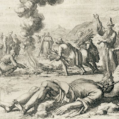 Barnabé de Salamanque traîné au bûcher, Chypre, 64 (Luyken, Théâtre des Martyrs)