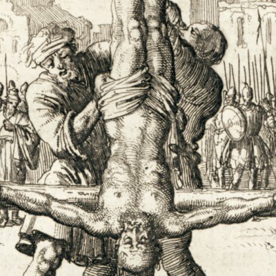 L’apôtre Pierre crucifié à l’envers à Rome en 69 (Luyken, Théâtre des Martyrs)
