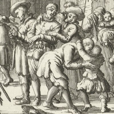 Les anabaptistes enchaînés disent au revoir à leurs familles, Autriche 1540 (Luyken, Théâtre des Martyrs)