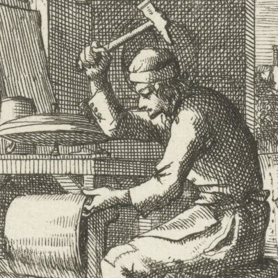 Le dinandier (De Kooperslaager, Livre des métiers, 1694) - Luyken