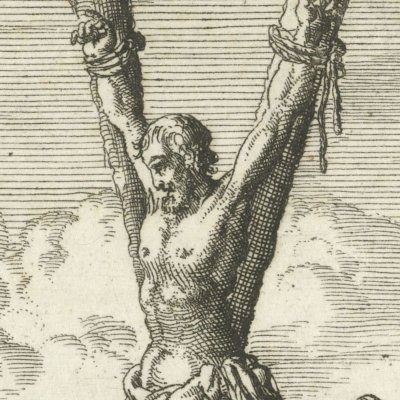 Crucifixion de l’apôtre André à Patras, Achaïe, 70 (Luyken, Théâtre des Martyrs)