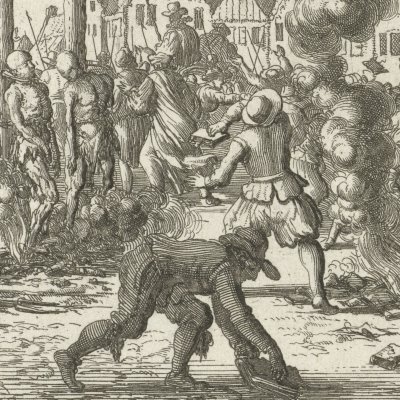 Joriaen Simonsz, Clement Dirksz et Marie Joris brûlés avec leurs livres, Harlem 1557 (Luyken, Théâtre des Martyrs)