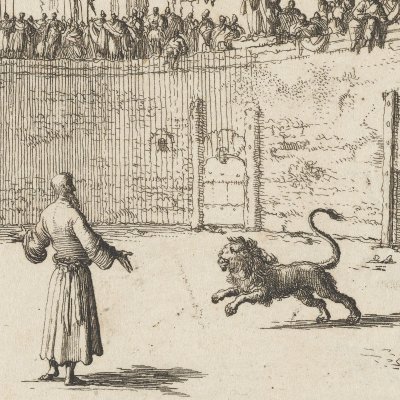 Ignace d’Antioche livré aux lions, Rome, 111 (Luyken, Théâtre des Martyrs)