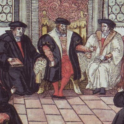 Le colloque de Marbourg, entre Luther et Zwingli en 1529 (gravure de 1557)