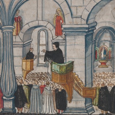 Dispute de Bade, 1526 : J. Eck et J. Œcolampadius (Heinrich Bullinger, Historia)