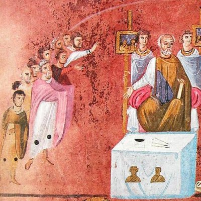 Pilate écoute les invectives contre Jésus (Codex pupureus rossanensis, pl. 14)