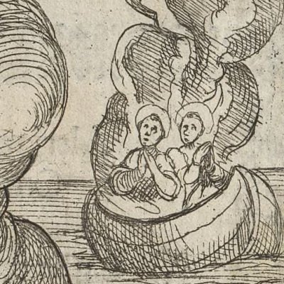 Sur un vaisseau en flammes (Tratt. de gli instr. di martirio, 1591) - G. Guerra