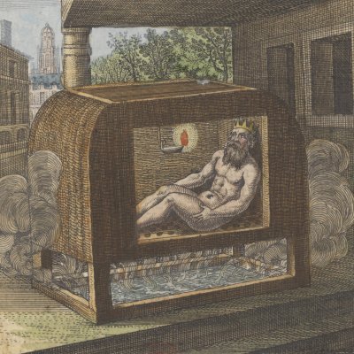 Un bain délivre le roi de sa bile (Michel Maier, Atalanta Fugiens, 1618)