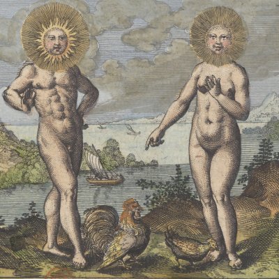 Soleil de Lune, Coq de Poule ont besoin (Michel Maier, Atalanta Fugiens, 1618)