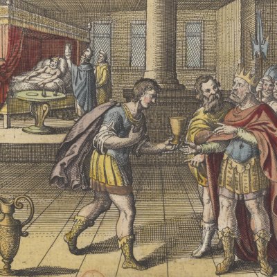 Un roi, malade par l'eau, est guéri (Michel Maier, Atalanta Fugiens, 1618)