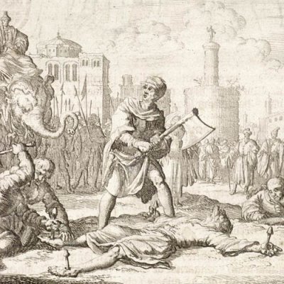 Décapitation de l’évangéliste Mathieu à Naddavar (Luyken, Théâtre des Martyrs)