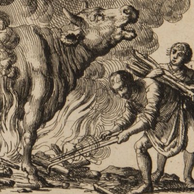 Antipas burned alive in a brazen bull in 95 (Luyken, Martyrs Theater)