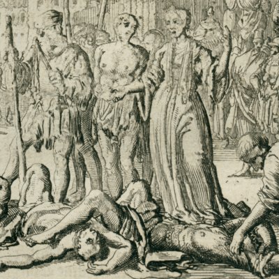 Félicité tuée avec ses 7 fils, Rome, 104 (Luyken, Théâtre des Martyrs)