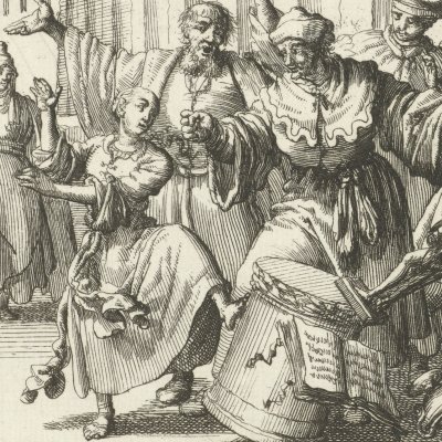Eulalie de Mérida renverse un autel païen, Villa Nova, 302 (Luyken, Théâtre des Martyrs)