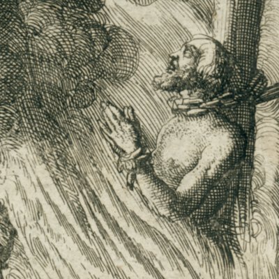 Clément d’Écosse au bûcher en 756 (Luyken, Théâtre des Martyrs)