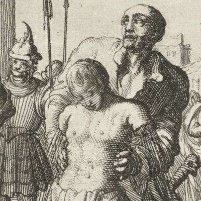 Martyre de Pélage à l'âge de 13 ans. On lui coupe les bras. Cordoue, 925 (Luyken, Théâtre des Martyrs)