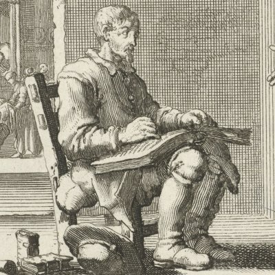 Andries Langedul est arrêté à Anvers alors qu'il lisait la Bible, 1559 (Luyken, Théâtre des Martyrs)