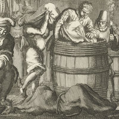 L’inquisition noie trois Anabaptistes à Anvers en 1560 (Luyken, Théâtre des Martyrs)