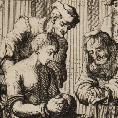 Joost Joosten torturé à Veere en 1560 (Luyken, Théâtre des Martyrs)