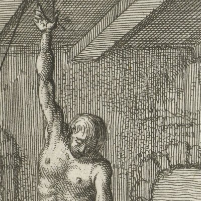 Geleyn Cornelisz. torturé à Breda, 1572 (Luyken, Théâtre des Martyrs)