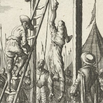 Jan Smit suspendu à la potence de Harlem en 1572 (Luyken, Théâtre des Martyrs)
