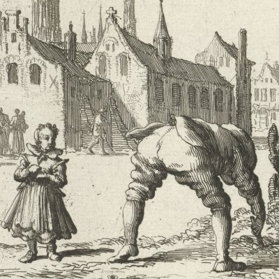Le fils de Mayken Wens cherchant sa vis à langue (Luyken, Théâtre des Martyrs)