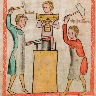 Jubal et Tubal-Caïn forgerons (Speculum Humanae salvationis, Hs-2505, F42v)