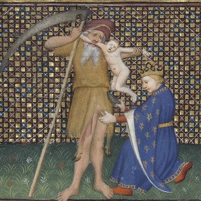 Jupiter castrant Saturne (Boccace, De casibus, Bnf Fr226, f169r) - Maître de Rohan