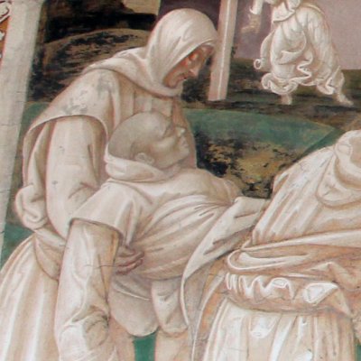Benoît ressuscite un moine écrasé sous un mur (Monte Oliveto, Vie de saint Benoît) - Signorelli