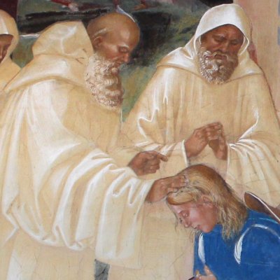 Benoît réprimande le frère du moine Valeriano (Monte Oliveto, Vie de saint Benoît) - Signorelli
