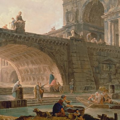 Caprice architectural avec un pont et un arc de triomphe - Hubert Robert