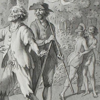 Robinson délivre l’Espagnol (Dessins pour les Voyages imaginaires) - Marillier