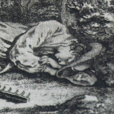 Mazet de Lamporeille endormi au jardin (Décaméron 1757 J3N1) - Gravelot