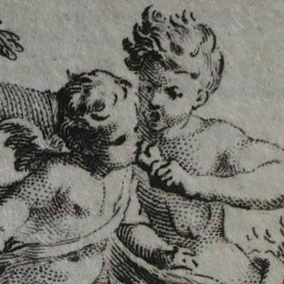 Jalousie donne un cœur à manger à un putto (Décaméron 1757) - Gravelot