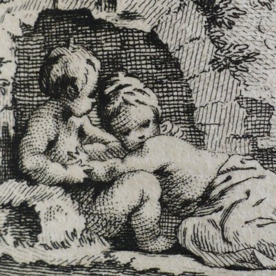 Deux putti dans une chapelle en ruines (Décaméron 1757) - Gravelot