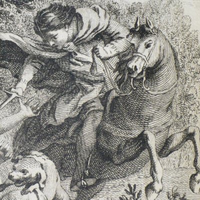 Histoire de Nastase des Honnestes. Un chevalier donne une jeune femme à dévorer par ses chiens (Décaméron 1757 J5N8) - Gravelot