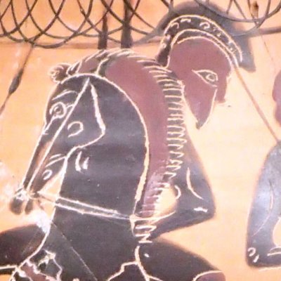Cavalier et jeunes gens (Olpè, ou broc à figures noires) - Peintre du Fantôme